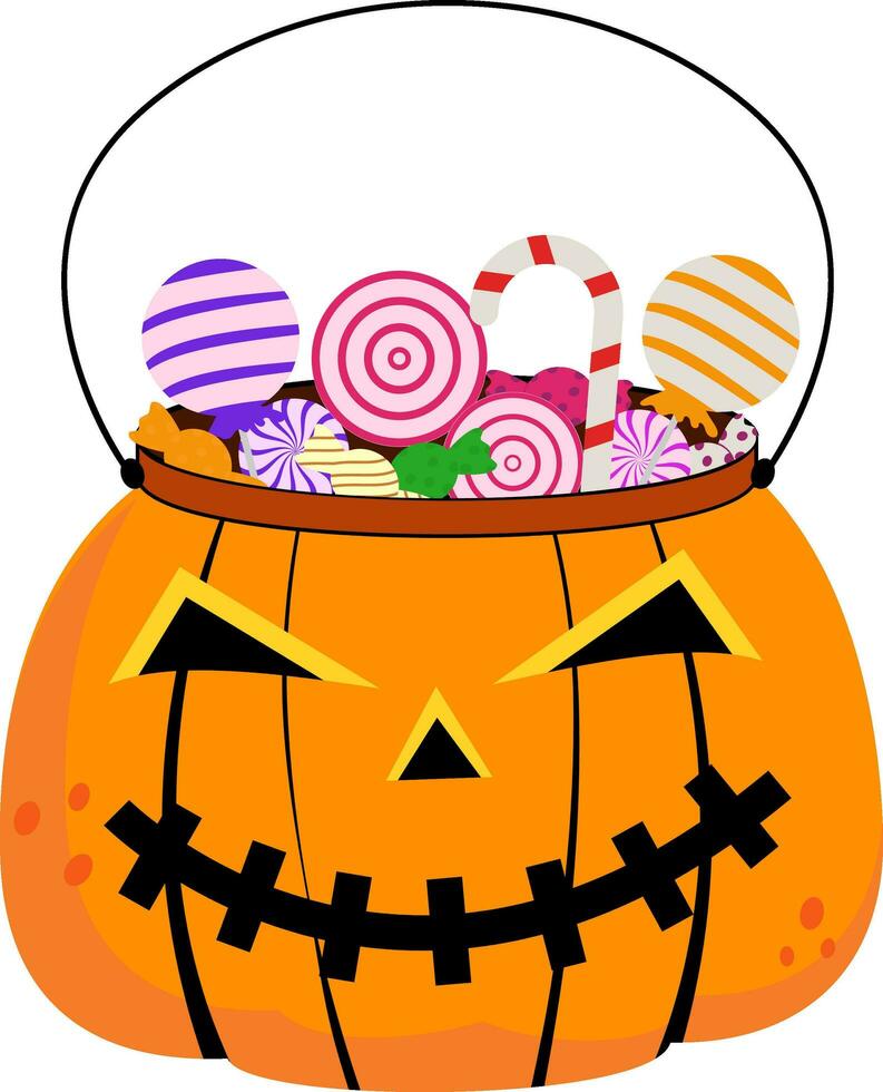 Creepy Pumpkin Gift Bag With Candy Icon In Flat Style. vector