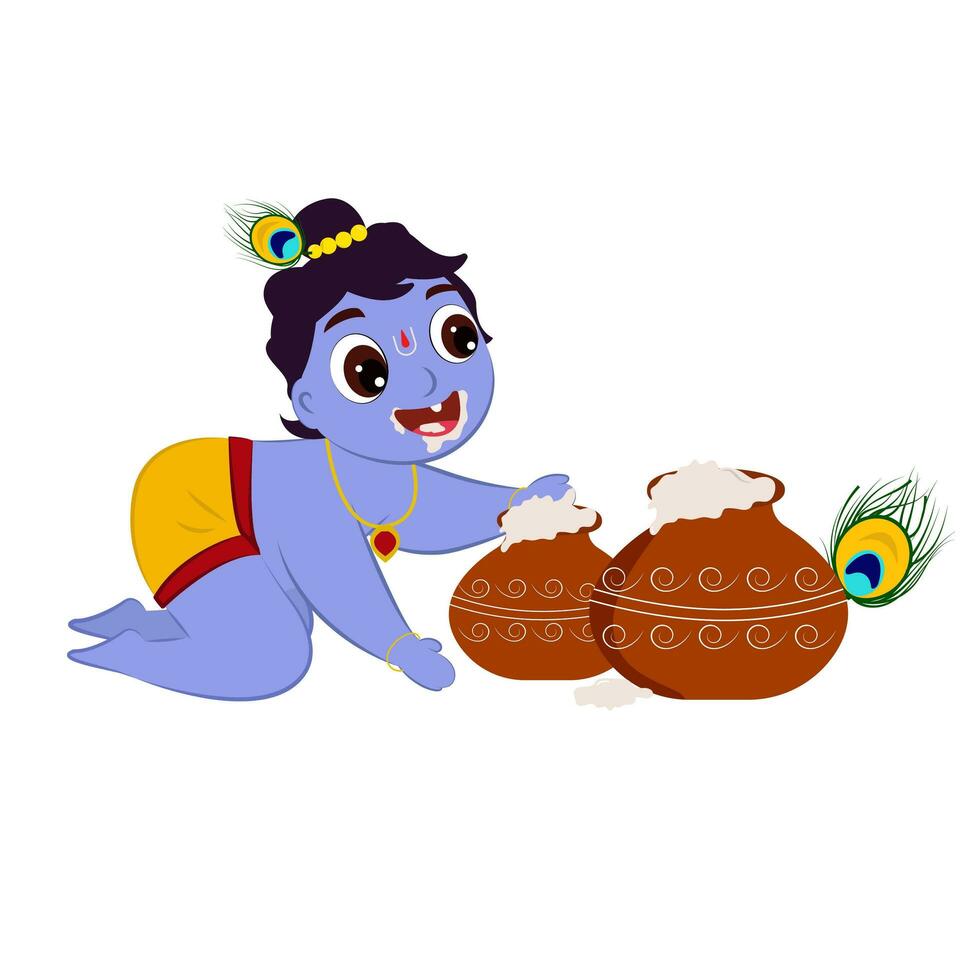 Cute Little Krishna Holding Makhan Pot Over White Background. vector