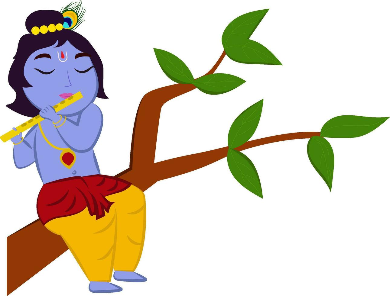 Cute Cartoon Little Krishna Playing Flute On Branch Flat Vector. vector