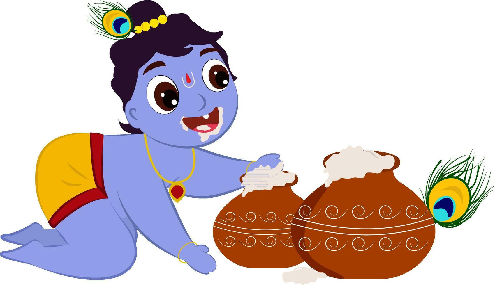 Cute Little Krishna Holding Makhan Pot Over White Background. vector