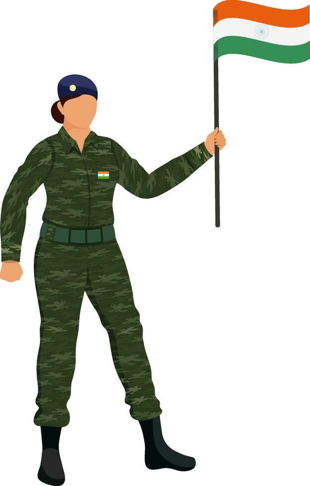 sin rostro Ejército mujer participación India bandera en en pie pose. vector