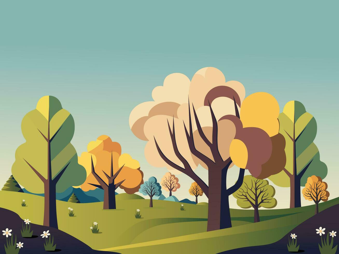 naturaleza paisaje antecedentes con árboles, flores vector