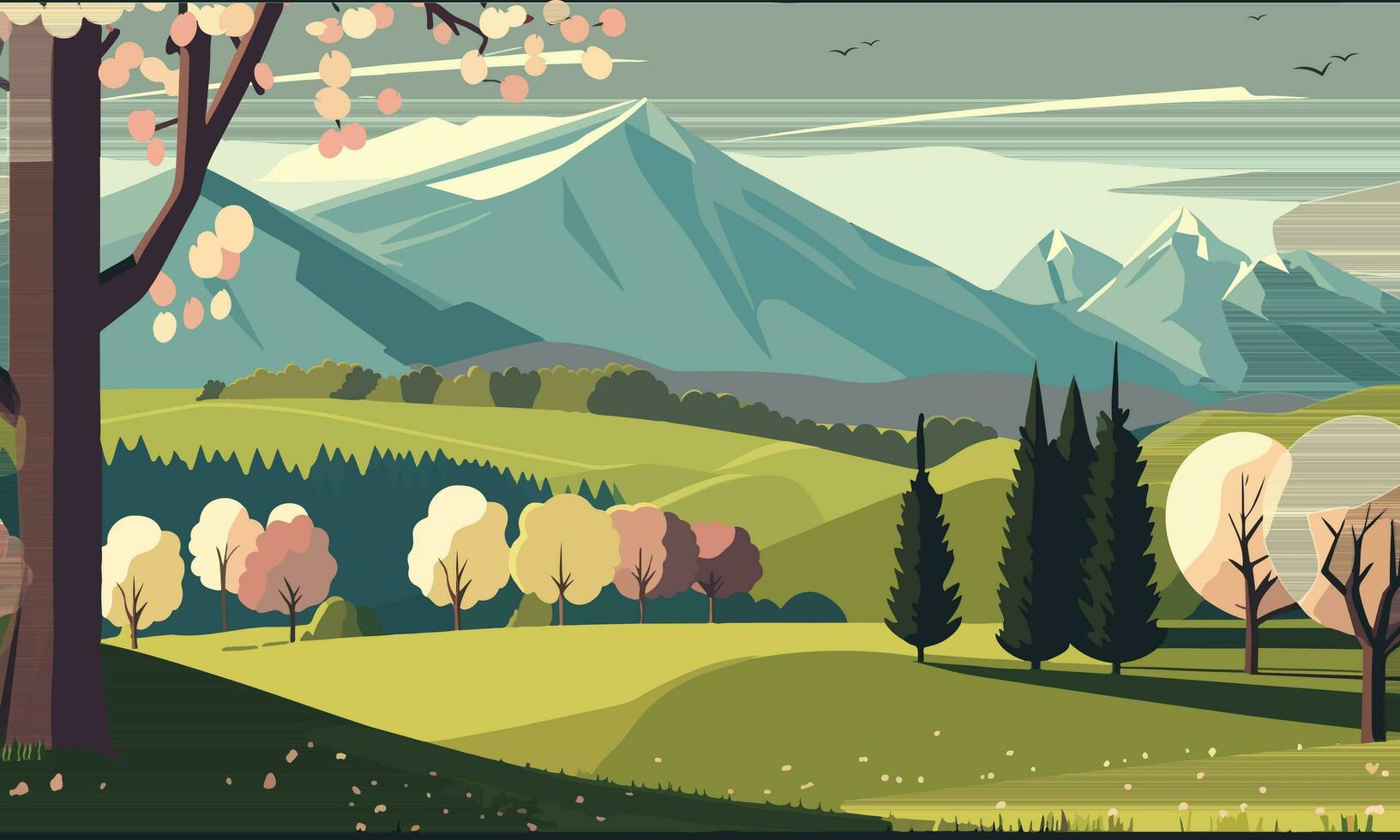 hermosa naturaleza paisaje antecedentes con montañas, arboles ilustración. vector