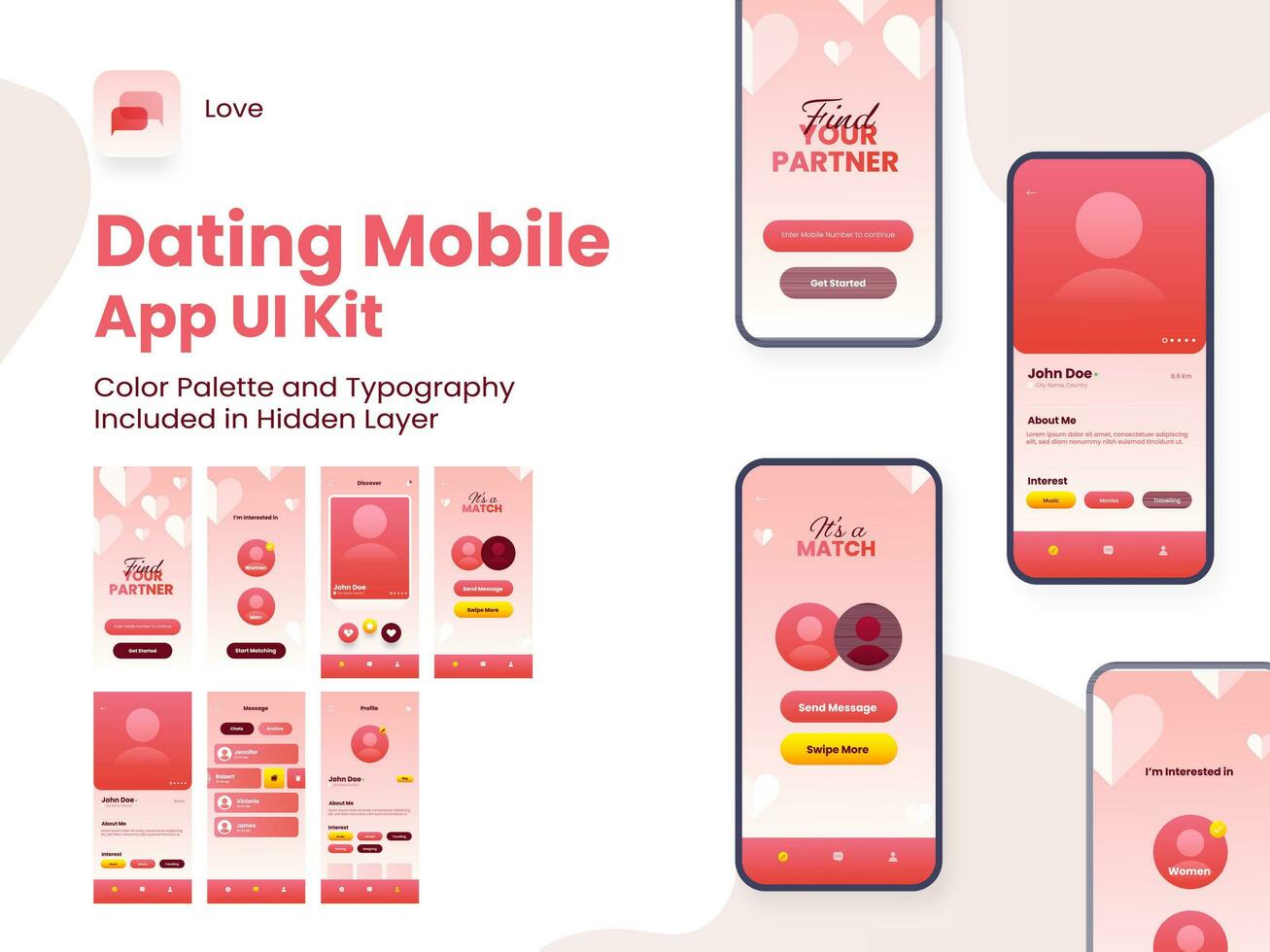 Dating App UI Kit for Responsive Mobile Application or Website with Multiple GUI Including Login, Sign Up, Place and User Profile Type Screens. vector