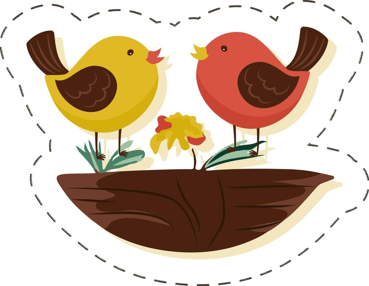 Couple Bird Sitting Flower Pot Icon In Sticker Style. vector
