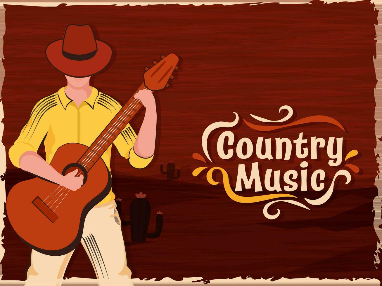 Country Music Concept With Young Man Wearing Cowboy Hat And Playing A Guitar On Dark Red Wooden Texture And Cactus Sand Landscape Background. vector