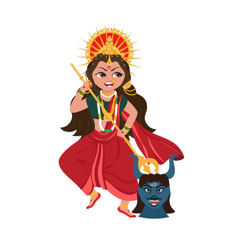 hindú mitología diosa Durga asesinato mahishasura demonio en blanco antecedentes. vector