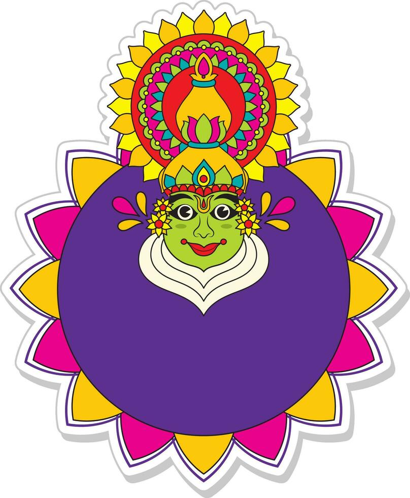 Sticker Style Kathakali Dancer Face With Empty Mandala Frame On White Background. vector