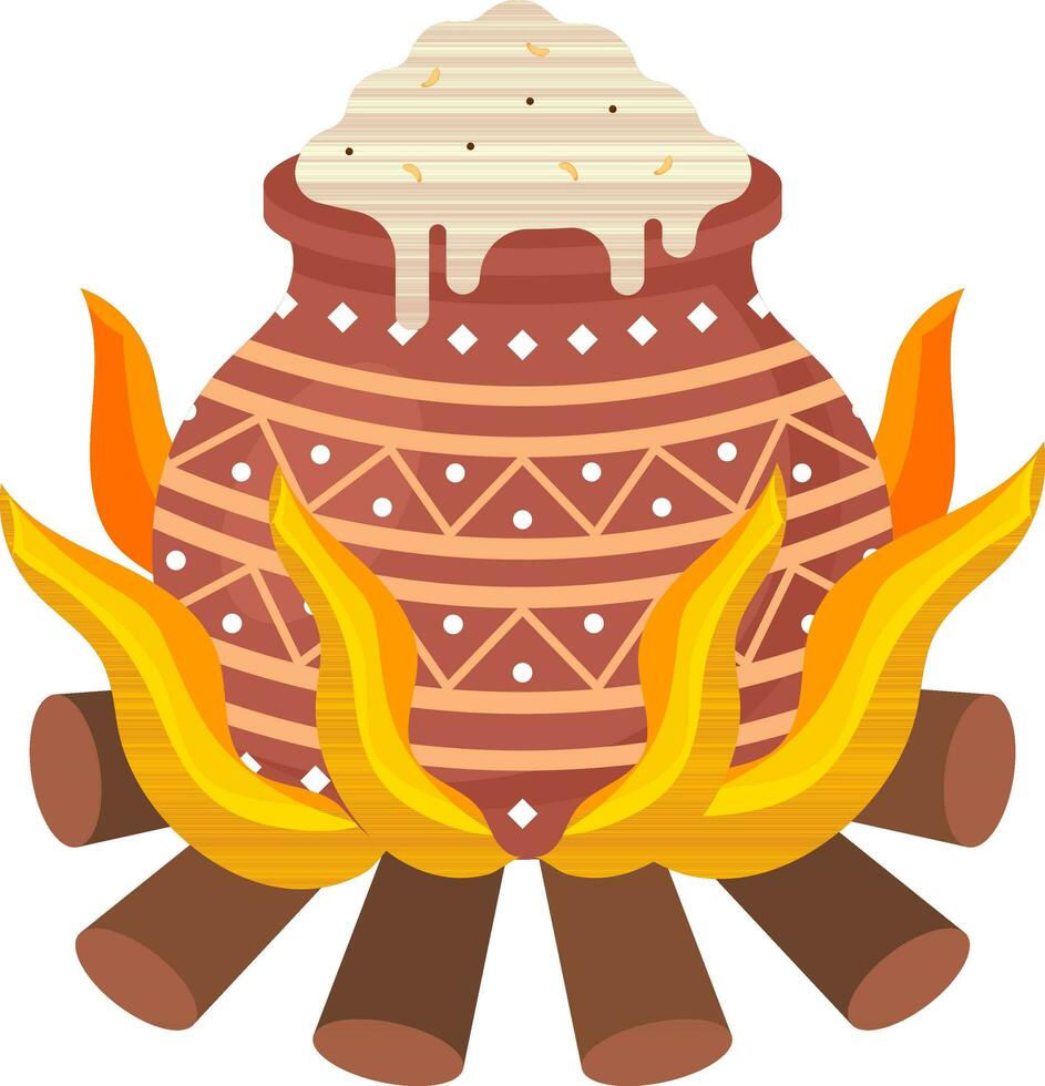 arroz arcilla maceta en ardiente madera icono en plano estilo. vector