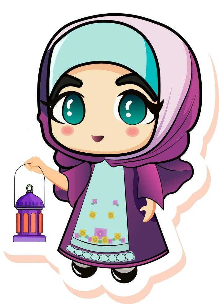Illustration of Cute Muslim Girl Character Holding Lantern In Sticker Style. vector