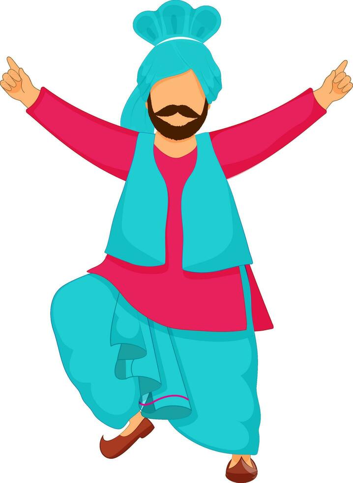 Cartoon Punjabi Man In Bhangra Dance Over White Background. vector