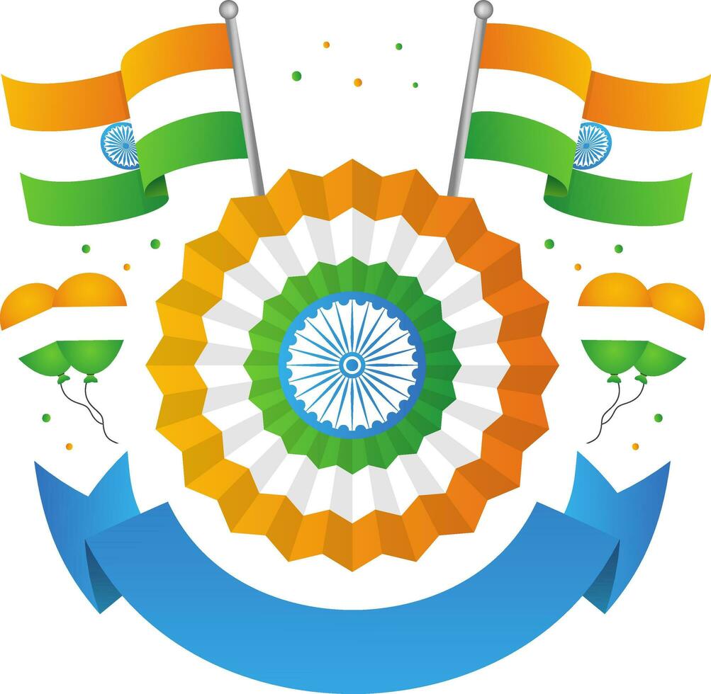 Blank Blue Ribbon With Indian Flag, Flower, Balloons Background. vector
