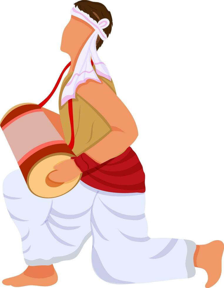 Faceless Assamese Young Man Playing Drum In Sitting Pose. vector