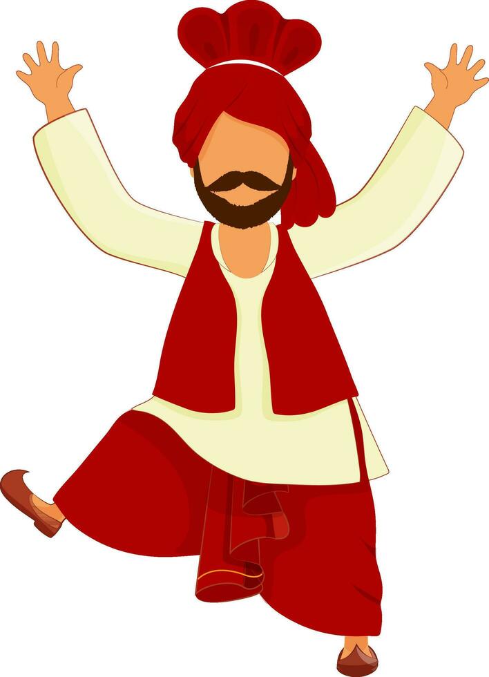 Cartoon Punjabi Man Playing Bhangra Dance Over White Background. vector