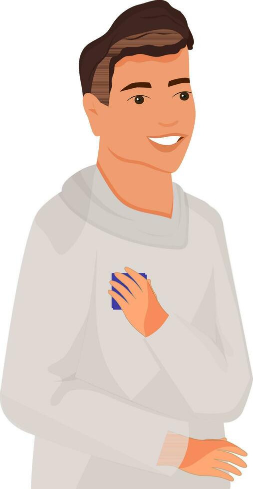 Smiling Young Man Hand Touch His Chest Over White Background. vector