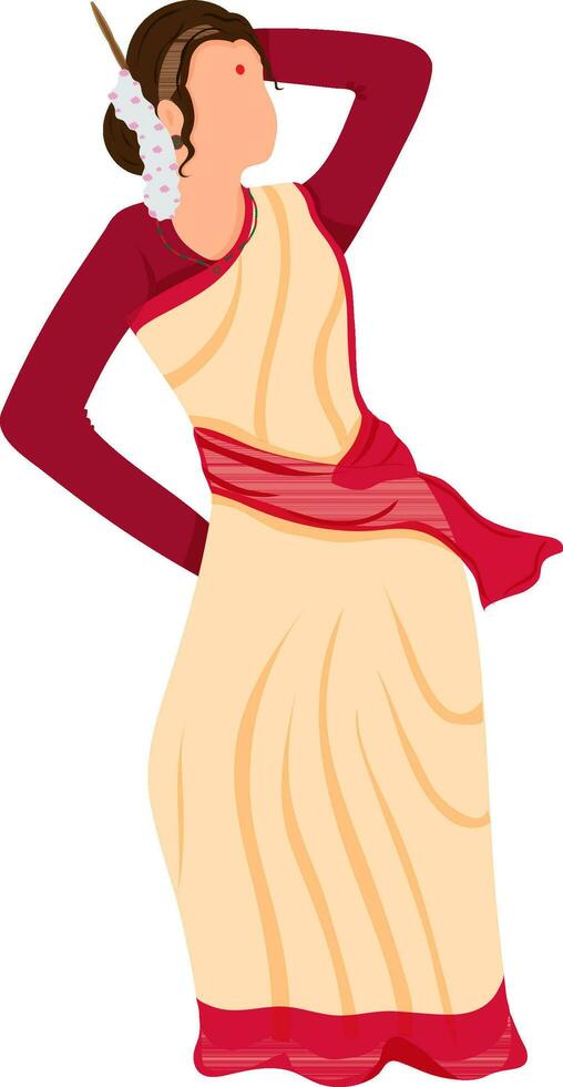 Cartoon Assamese Beautiful Woman Dancing In Bihu Dance Pose. vector