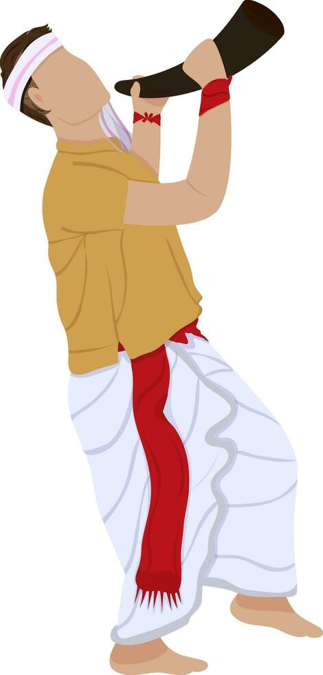 Illustration Of Assamese Young Man Blowing Pepa Instrument Against White Background. vector