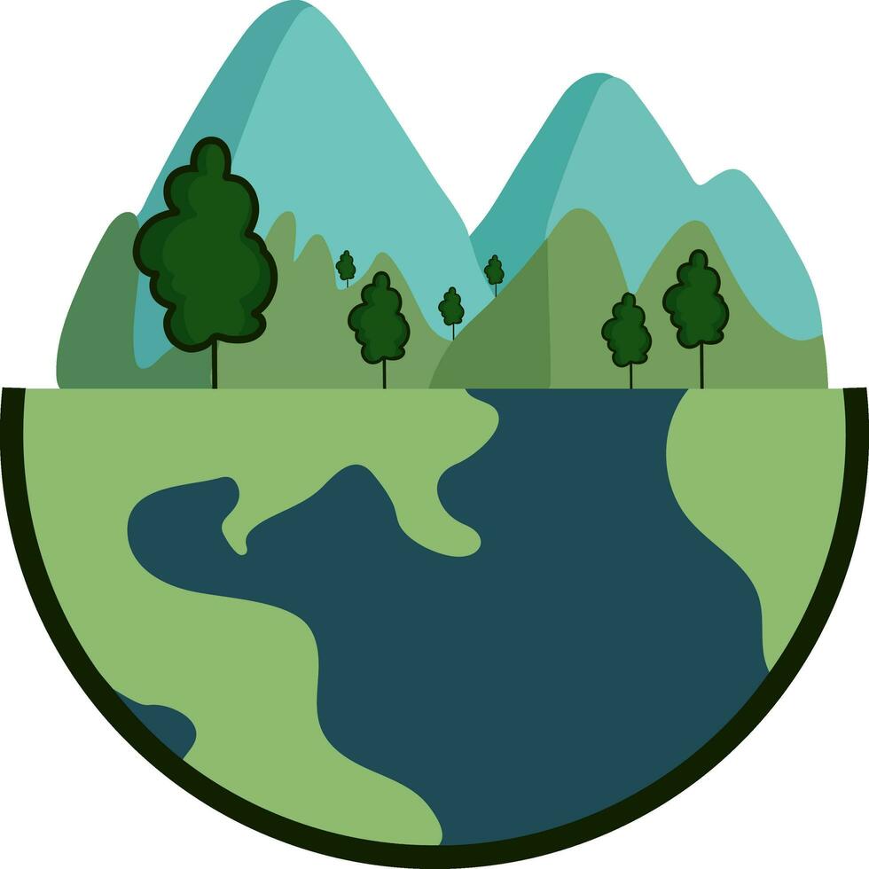 plano estilo montañas y arboles en tierra icono. vector