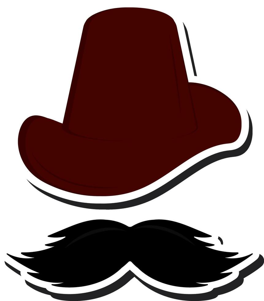 Brown Top Hat And Mustache Icon In Sticker Style. vector