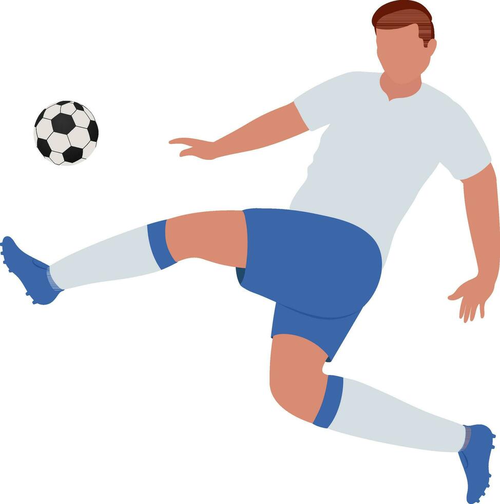 Flat Vector Of Faceless Footballer Kick To Soccer In Jump Pose.