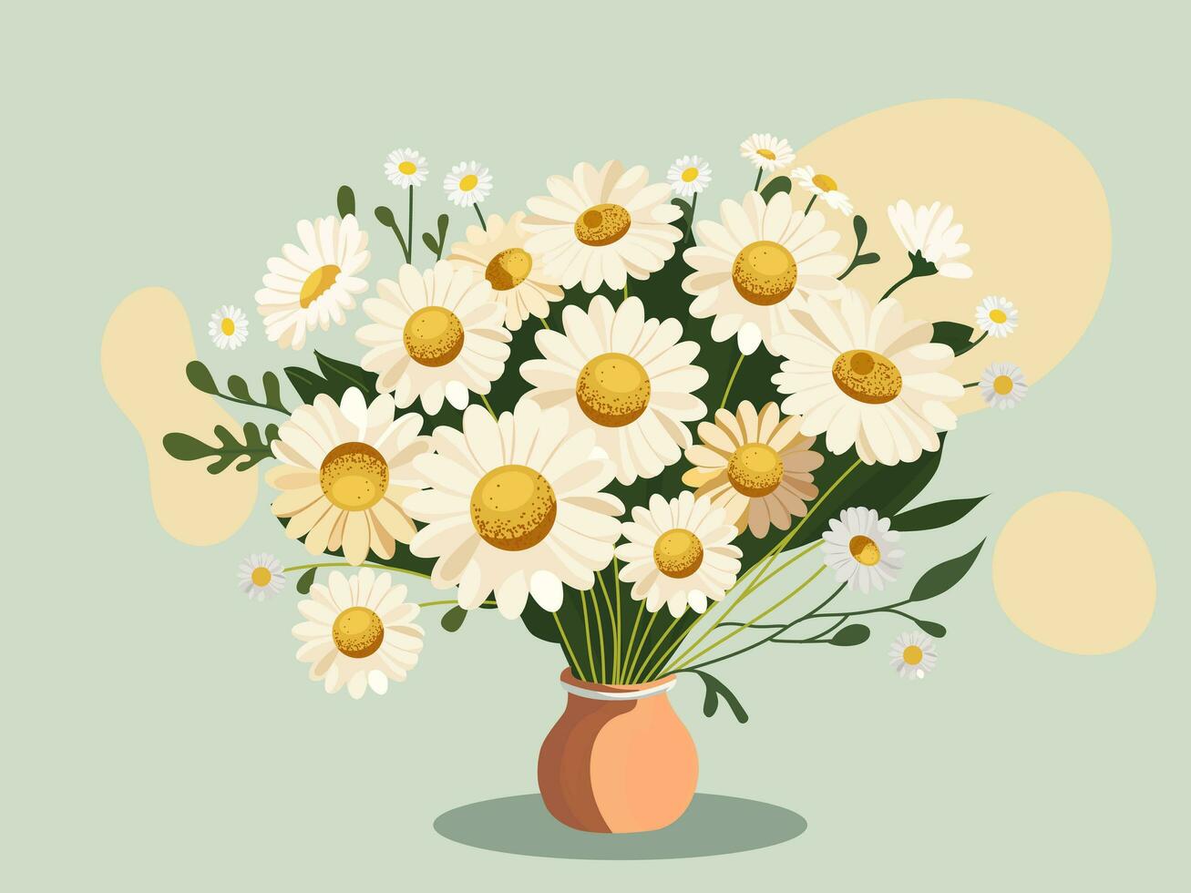 Illustration of Daisies Plant Pot On Pale Green Background. vector