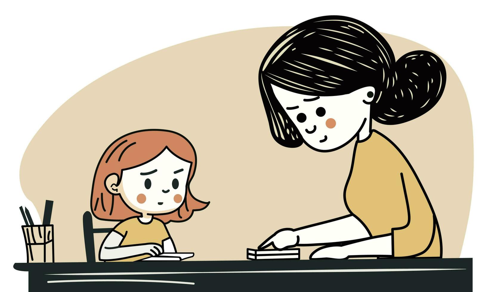 Vector Illustration of Young Woman Character Teaching To Girl At Desk With Pen Holder.