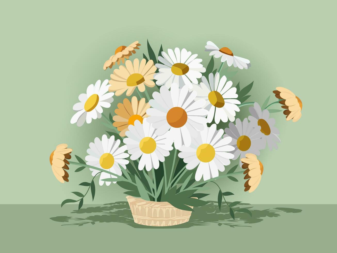 Beautiful Daisies Bouquet or Plant Pot On Pastel Green Background. vector