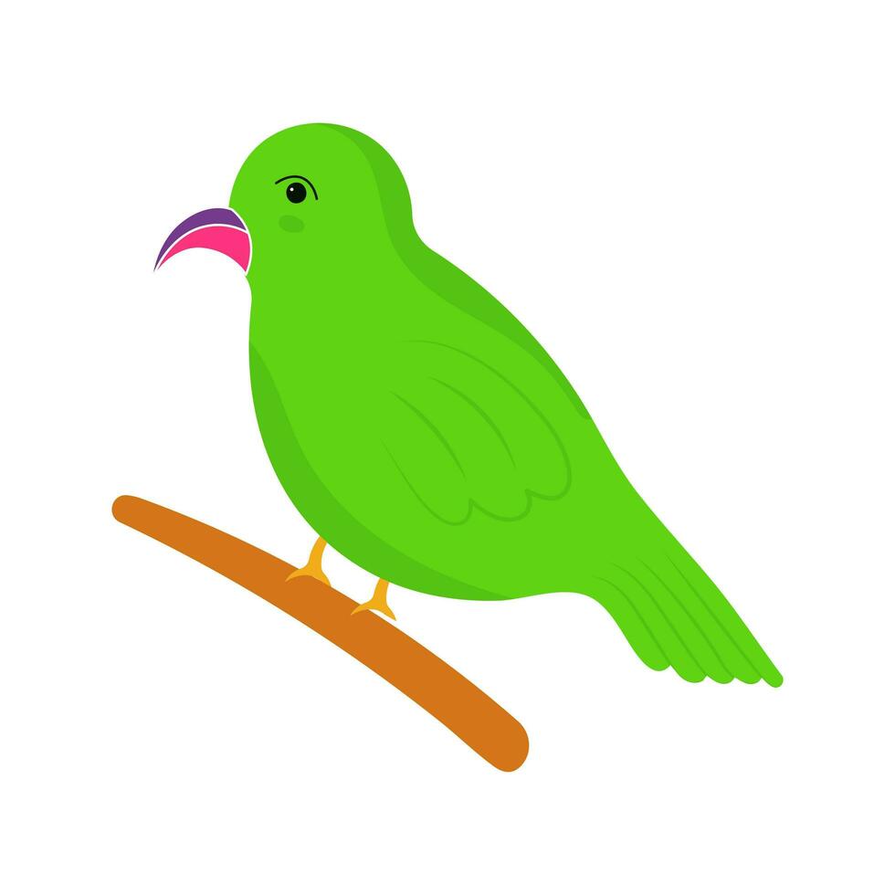 Green Parrot Holding Branch Icon In Flat Style. vector