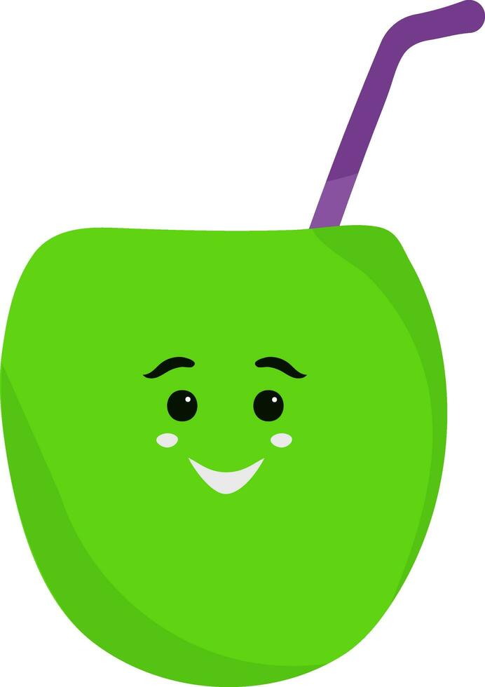 Cute Happy Face Coconut Drink Flat Icon In Green And Purple Color. vector