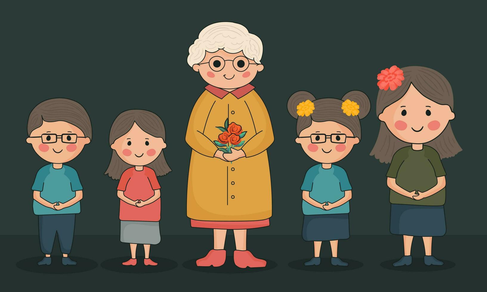 Elderly Woman Holding Roses And Children Character Standing Together On Dark Background. vector