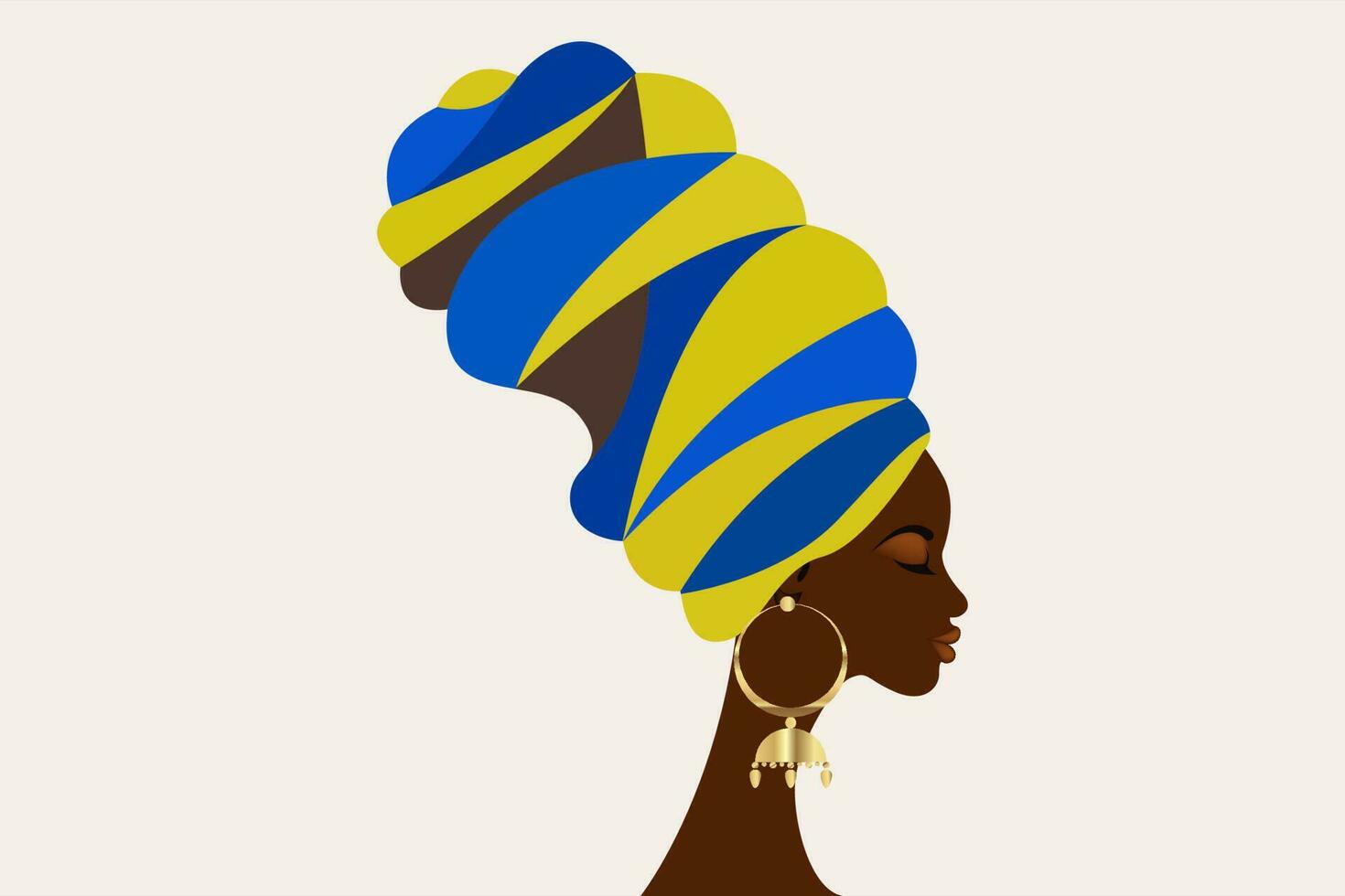 retrato hermosa africano mujer en tradicional turbante, kente cabeza envolver africano, tradicional negro mujer vector silueta aislado con oro pendientes, Moda peinado y belleza concepto