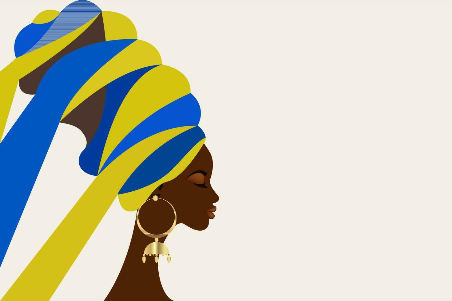 retrato hermosa africano mujer en tradicional turbante, kente afro cabeza envoltura, tradicional dashiki impresión, negro mujer vector silueta aislado con oro pendientes, belleza Moda modelo folleto