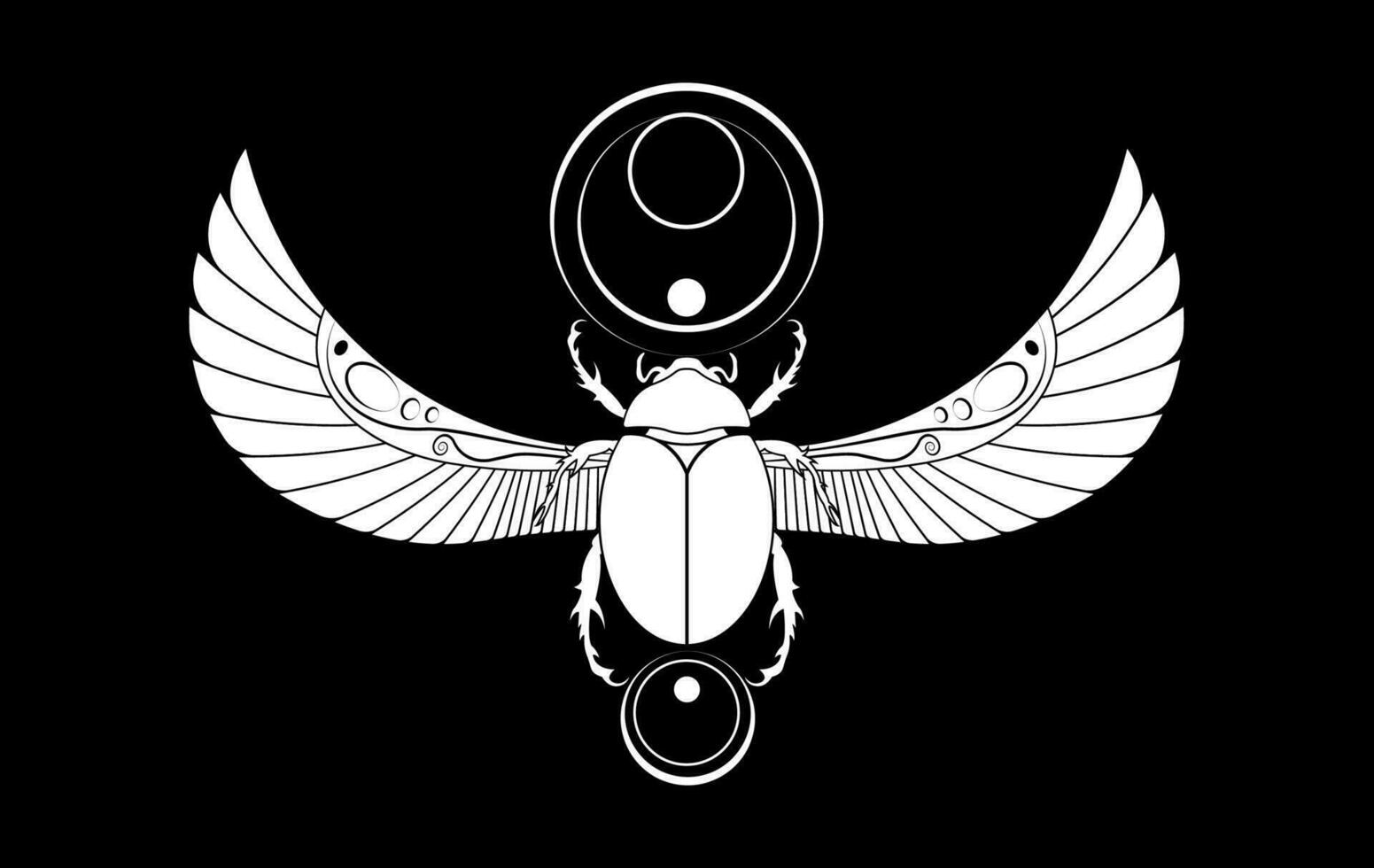 egyptian sacred Scarab wall art design. beetle with wings. Vector illustration white logo, personifying the god Khepri. Symbol of the ancient Egyptians. To be colored isolated on black background
