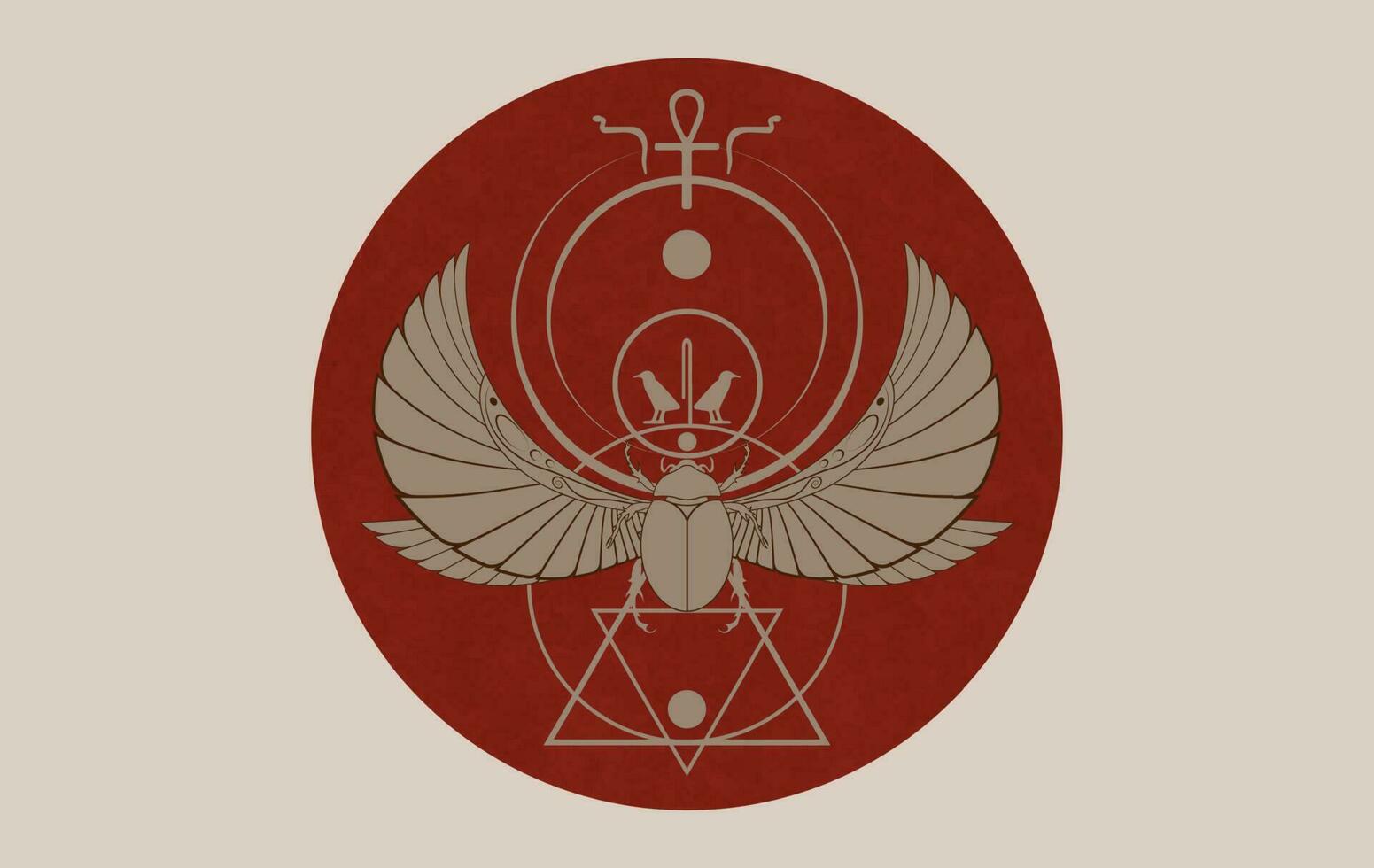 egyptian sacred Scarab wall art design, winged beetle. Vector illustration logo, personifying the god Khepri. Symbol of the ancient Egyptians. Red circle isolated on vintage background