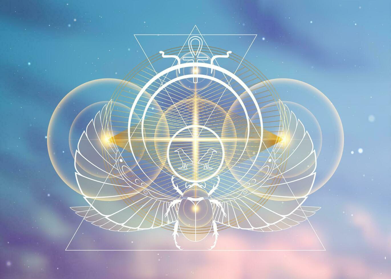 Egyptian Planetary sacred geometry, Scarab beetle gold lines overlap, triangles shape on circles. Orbits of divine energy. Alchemy, magic, esoteric, occultism symbols. Golden cross vector illustration