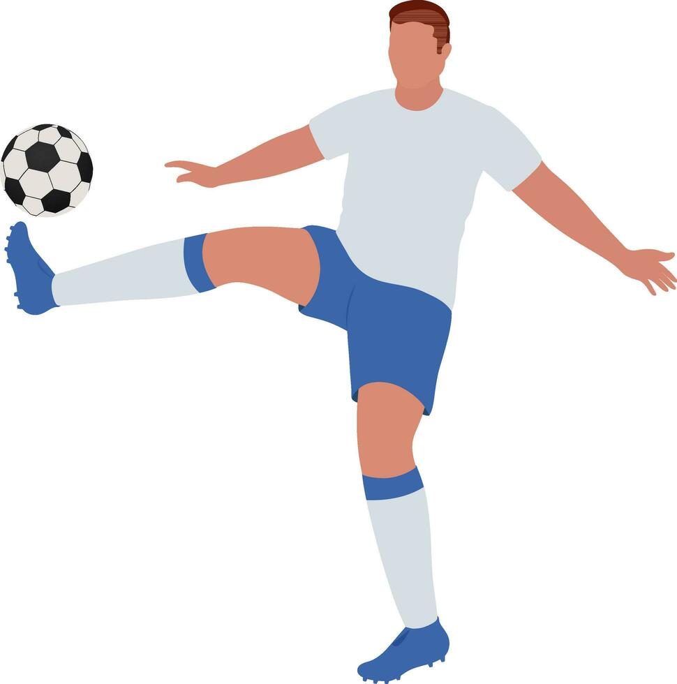 Faceless Young Man Kicking Soccer Ball In Jumping Pose. vector