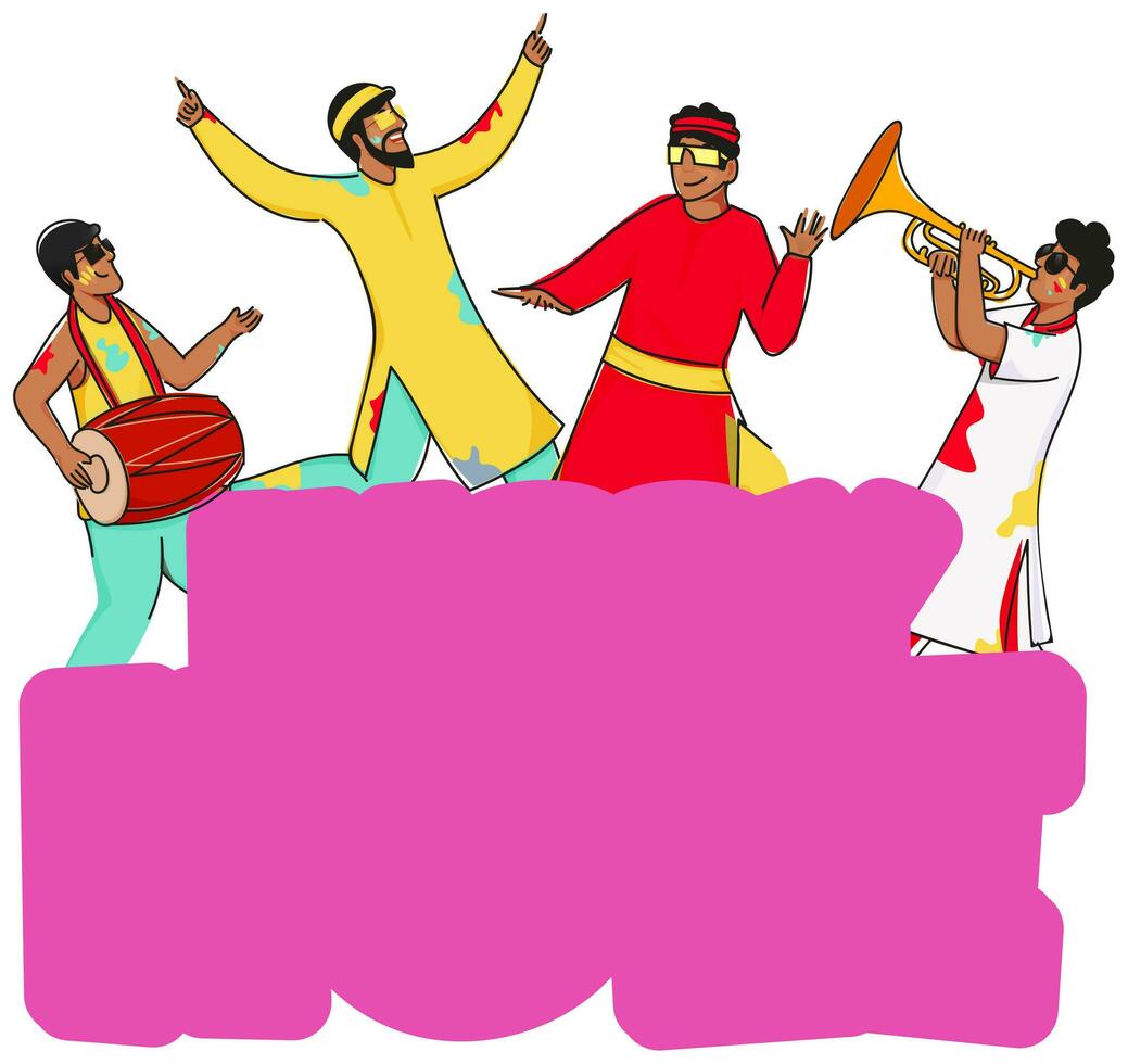 Cheerful Young Men Enjoying Holi Festival And Copy Space Against White Background. vector