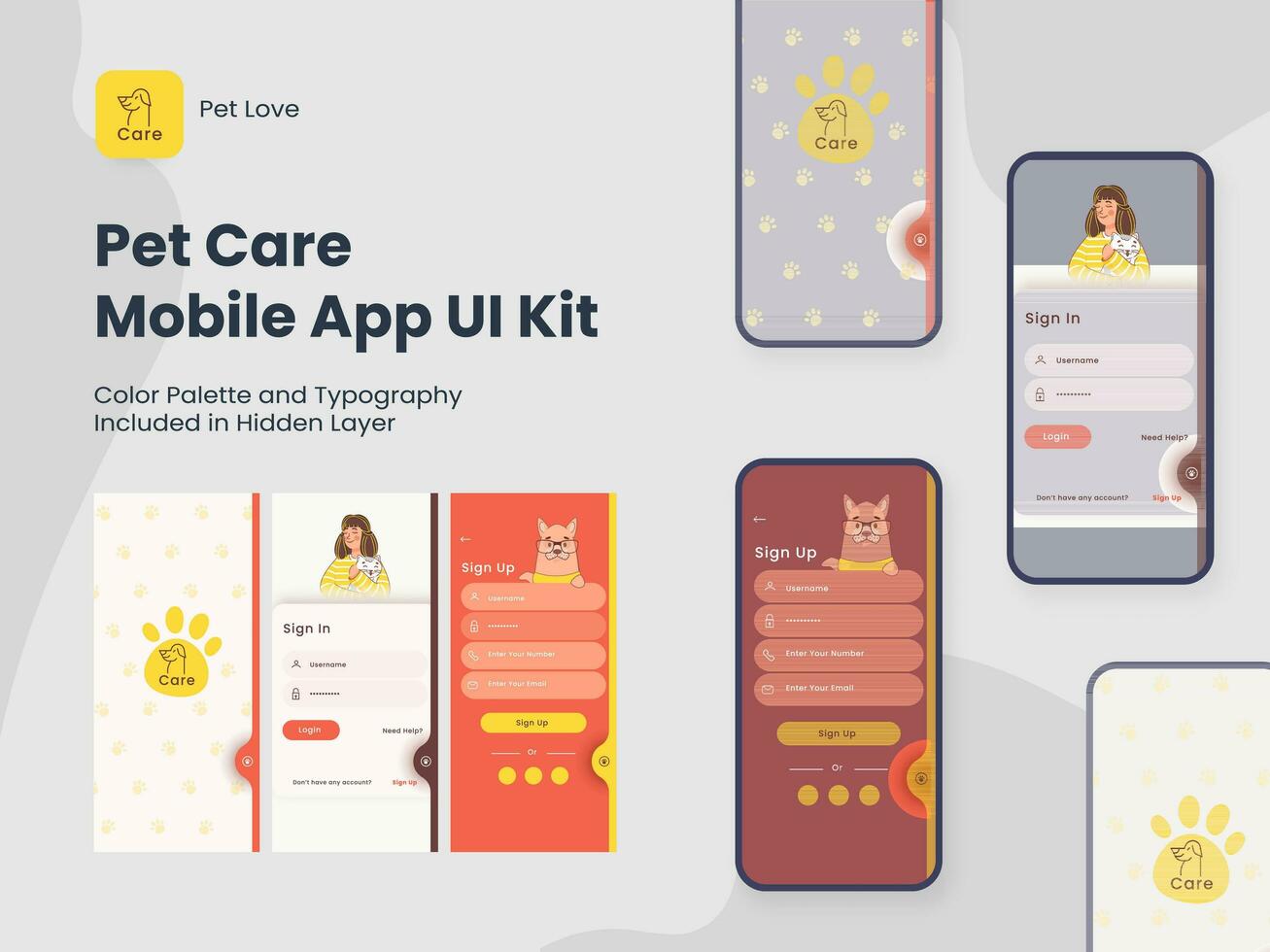 Pet Care App UI Kit Including Sign In, Sign Up Screens for Mobile Application or Responsive Website. vector