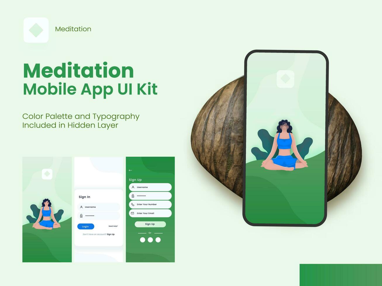 Set of UI, UX, GUI Screens Meditation Mobile App Including Sign In, Create Account and Sign Up for Responsive Website. vector