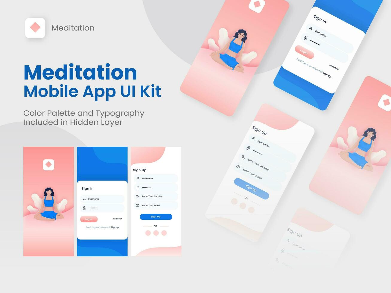 Set of UI, UX, GUI Screens Meditation Mobile App Including Sign In, Create Account and Sign Up for Responsive Website. vector
