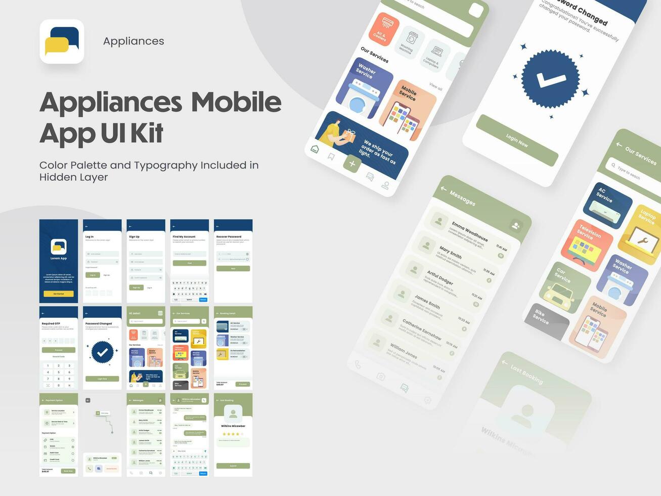 Appliances Mobile App UI Kit with Multiple Screens as Log in, Create Account, Profile, Order and Product Details. vector