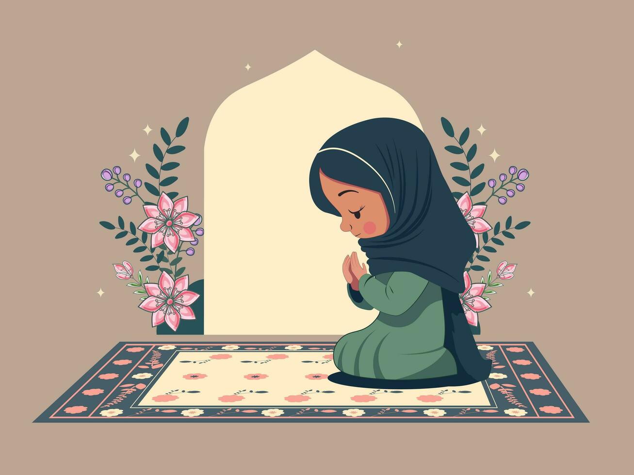 Illustration Of Muslim Girl Offering Namaz Prayer On Mat In Front ...
