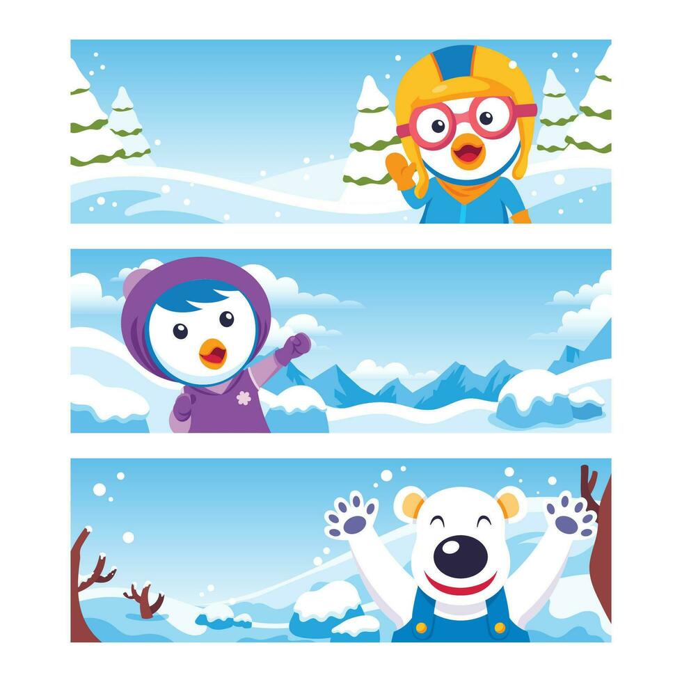 Cute Little Penguin and Friends Horizontal Banner vector