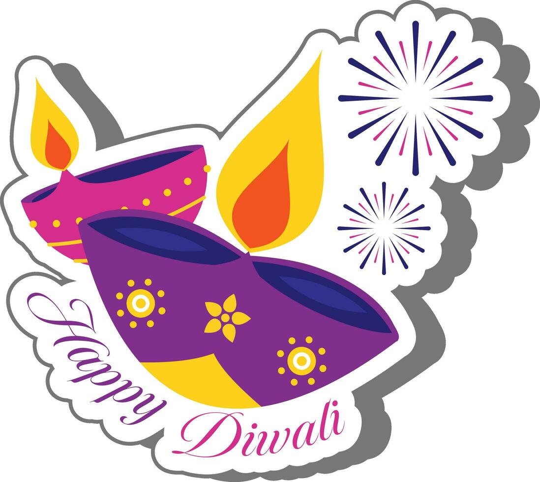 Sticker Style Two Burning Diya Oil Lamp For Happy Diwali Celebration. vector