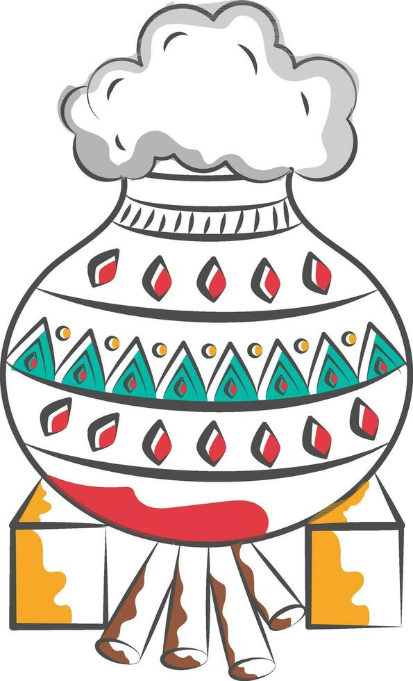 Traditional Dish Rice Making In Mud Pot Over Bonfire Element. vector