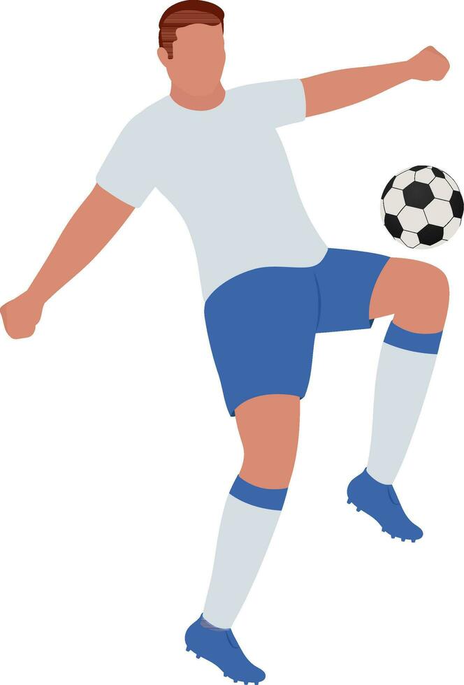 Flat Style Faceless Young Man Kicking Football From Knee. vector