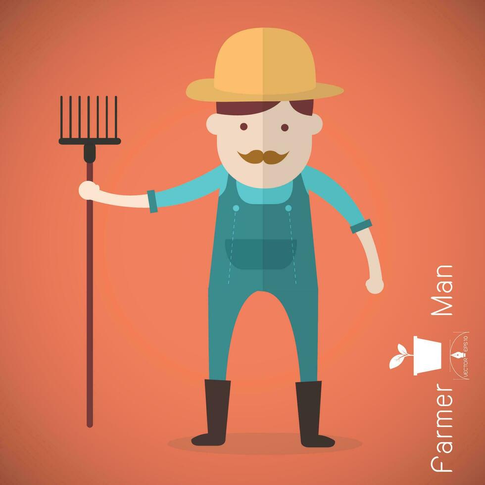 Farmer man with shovel on orange background Vector illustration