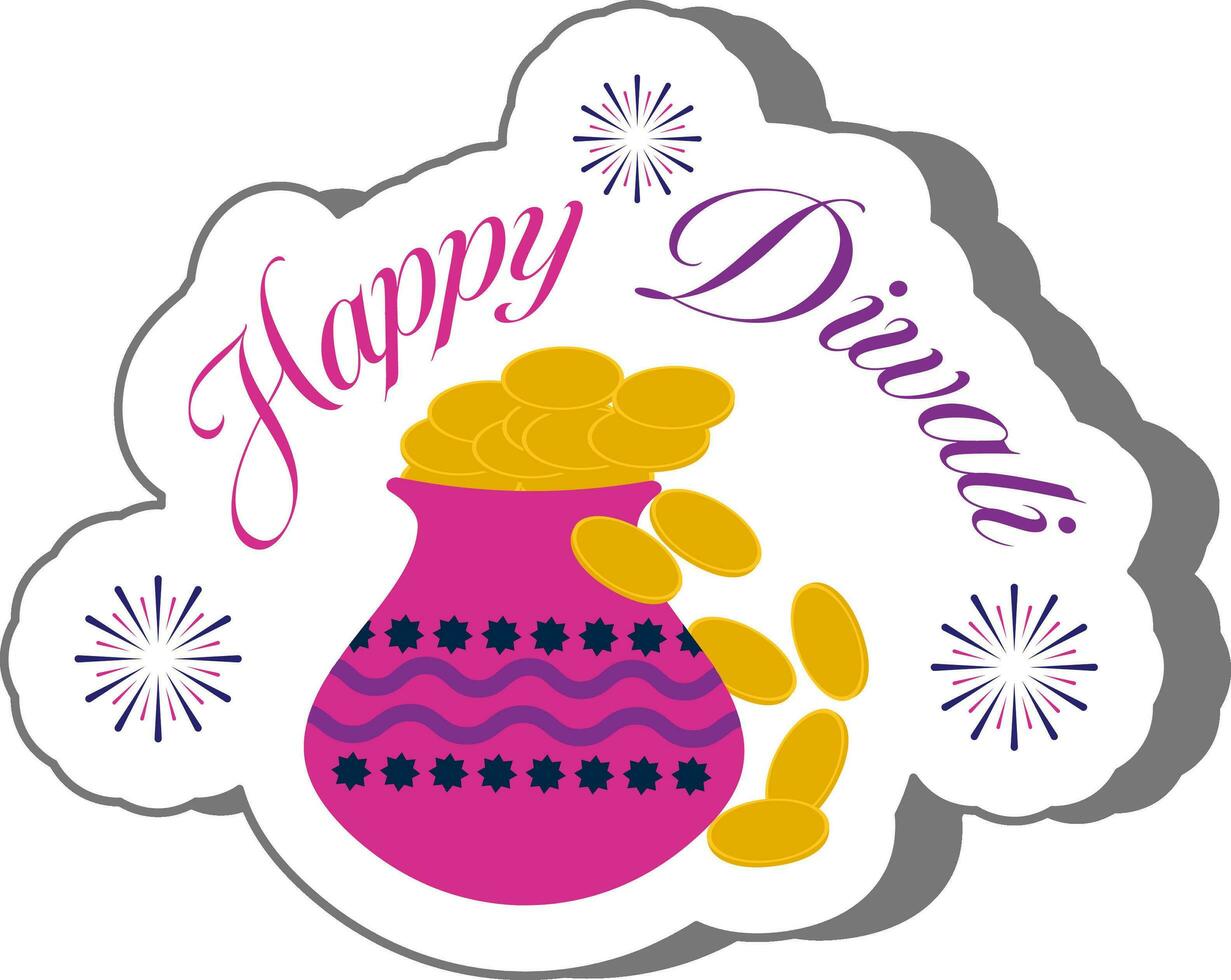 Happy Diwali Celebration Of Golden Coin Full Pot Kalash In Sticker Style. vector