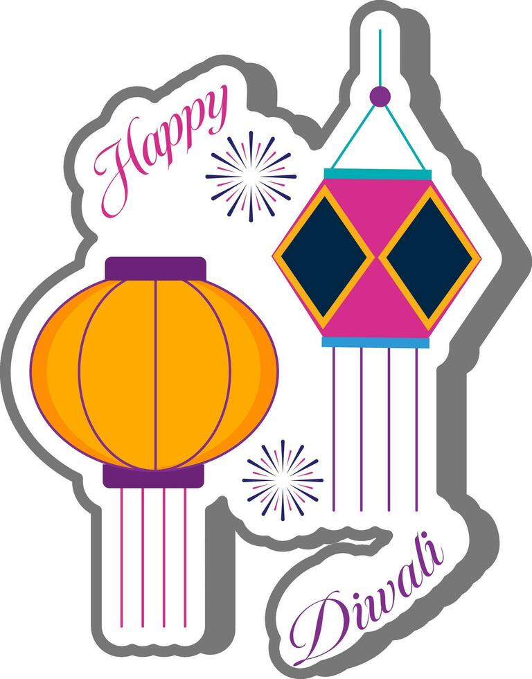 Sticker Style Two Shape Kandil Lantern For Happy Diwali Celebration. vector