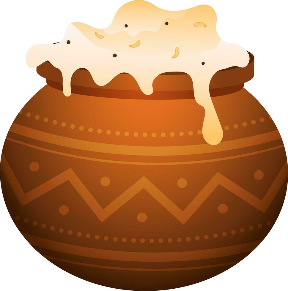 Mud Pot Full Of Traditional Dish Pongal Rice On White Background. vector